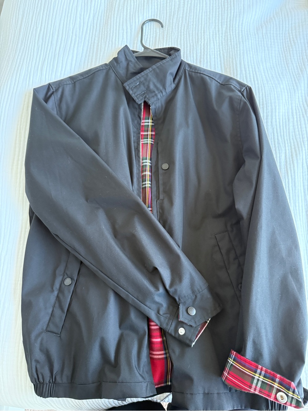 Men's Black Bomber Jacket with Red Tartan Lining